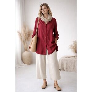 Akris Burgundy Button Front Collared Poplin Blouse Sze 8 Minimalist Classic Chic